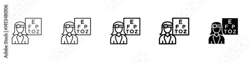 Set of 5 pixel perfect oculist icon with 1 unexpanded, 1 silhouette, An oculist or eye doctor icon with eyeglasses and eye chart.