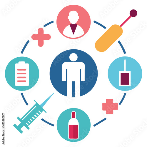 Healthcare icons orbit a human figure, symbolizing comprehensive medical services on a transparent background