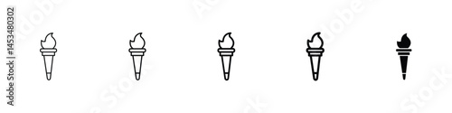 Set of 5 pixel perfect Torch flame icon with 1 unexpanded, 1 silhouette, A hand-held torch icon with a flaming top.