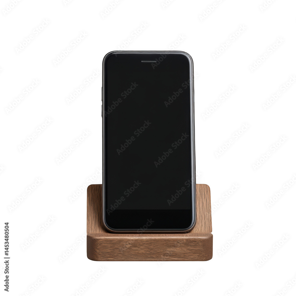 Naklejka premium Smartphone on wooden stand on transparent background