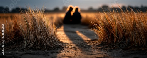 Romantic Silhouetted Couple Sitting in Golden Fields at Sunset Capturing Love and Connection in Nature's Embrace
