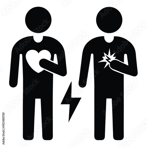Heartbroken person contrasts with another experiencing cardiac arrest, divided by lightning, transparent backdrop
