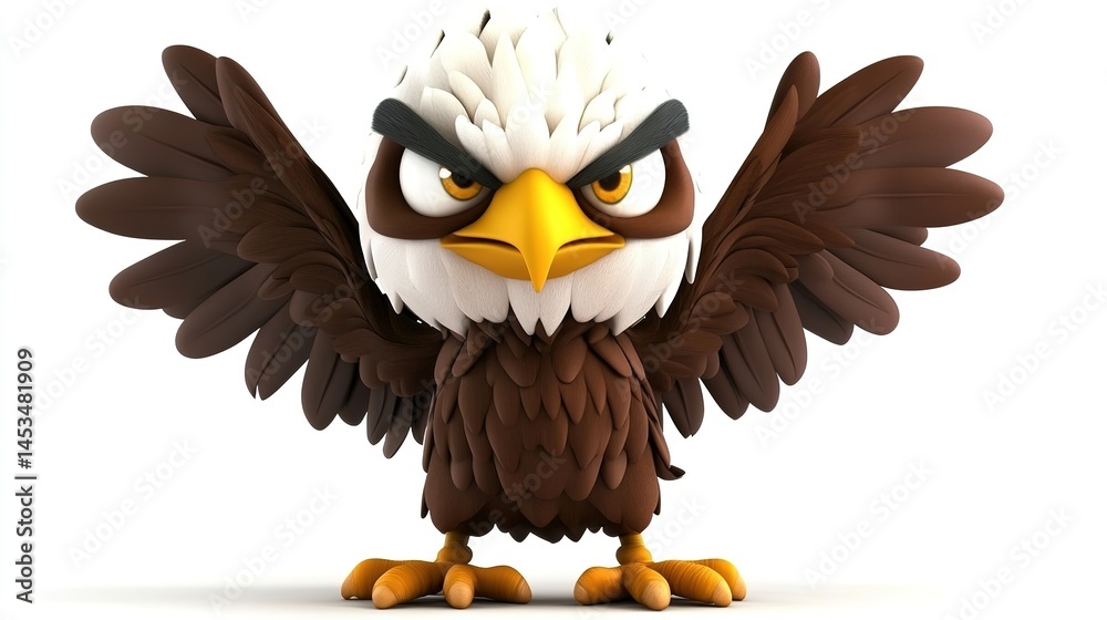 Fototapeta premium 3D Baby Eagle Cartoon Angry Standing Isolated on Transparent or White Background. Fierce and Expressive Young Raptor.