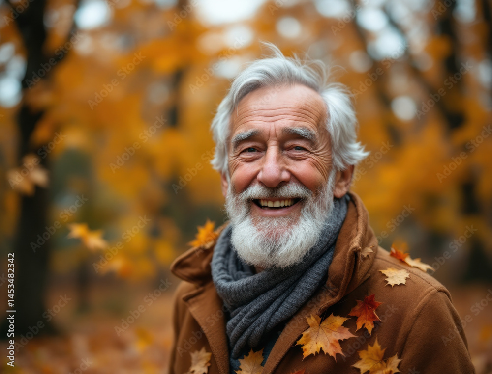 Elderly man with joyful expression in autumn park, surrounded by vibrant fall leaves, wearing cozy scarf and coat Elderly man with joyful expression in autumn park, surrounded by vibrant fall leaves, wearing cozy scarf and coat