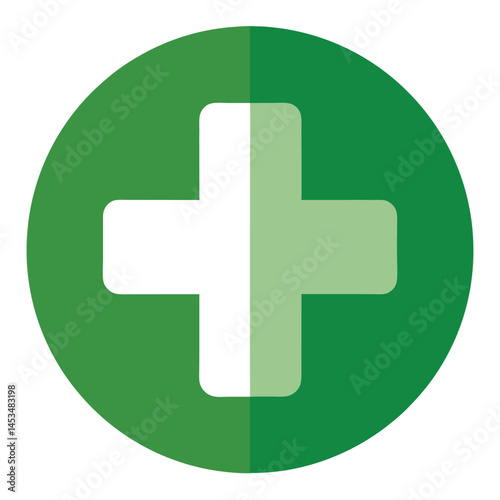 Isolated plus symbol features white shape within a green circle, showing medical concept
