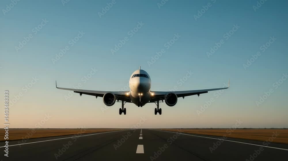 Airplane landing on runway at sunrise captured in dramatic sequence Airplane landing on runway at sunrise captured in dramatic sequence