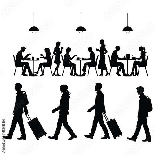 Silhouette illustration of a busy cafe scene with people dining at tables and other people walking with luggage. People dining and traveling in a cafe