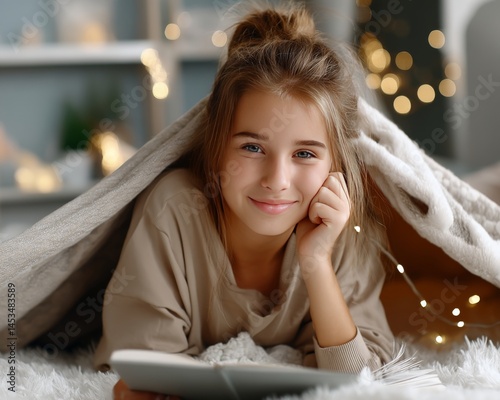 Cute Girl Relaxing Under Blanket at Home Cozy Atmosphere Indoor Scene Soft Lighting Contentment