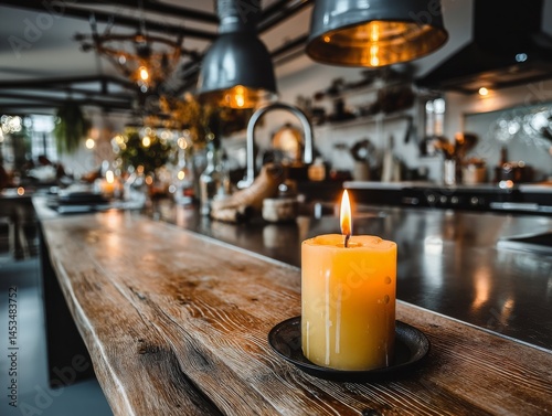 Rustic Kitchen Candlelit Ambiance Modern Home Interior Design Cozy Environment Close-up Serenity