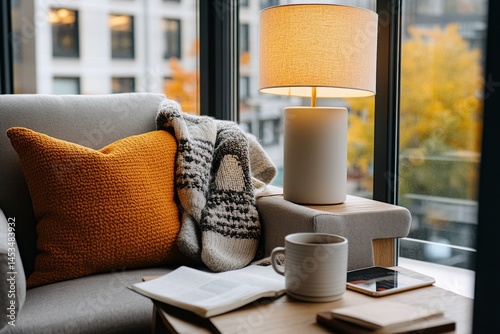 Cozy Autumn Scene with Warm Lighting in a Modern Apartment Living Room Inviting Atmosphere Peaceful Viewpoint