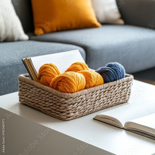 Cozy Living Room Yarn Basket Home Interior Decorative Content Warm Environment Close-up View Crafting Inspiration