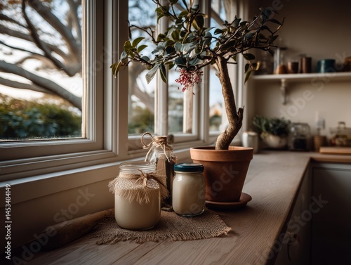 Homemade Creamy Yogurt in Jars Kitchen Food Photography Cozy Environment Close-Up View Culinary Art