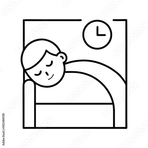 Line art depicts a man resting his head on a bed with clock