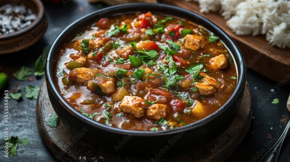 Chicken stew served with rice on a plate Chicken stew served with rice on a plate