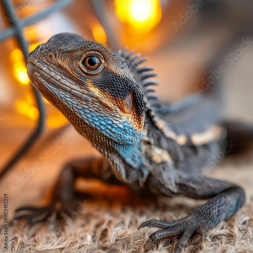 Close Up Portrait of a Colorful Lizard Indoors Wildlife Photography Natural Habitat Eye-Level Detailed Texture