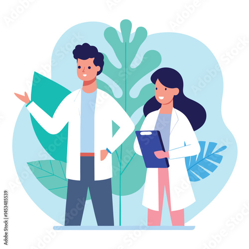 Male doctor gestures beside female coworker holding clipboard, set against abstract leaf background
