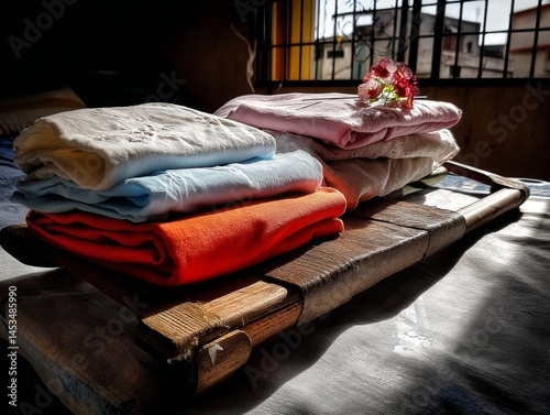 Neatly Arranged Folded Clothes on Rustic Table Home Interior Still Life Natural Light Cozy Atmosphere