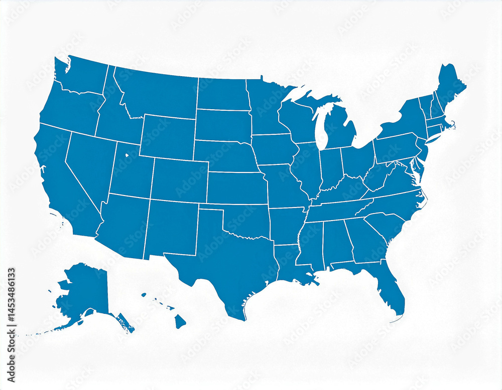 Fototapeta premium United States of America map in blue. USA map showcasing its 50 states isolated.