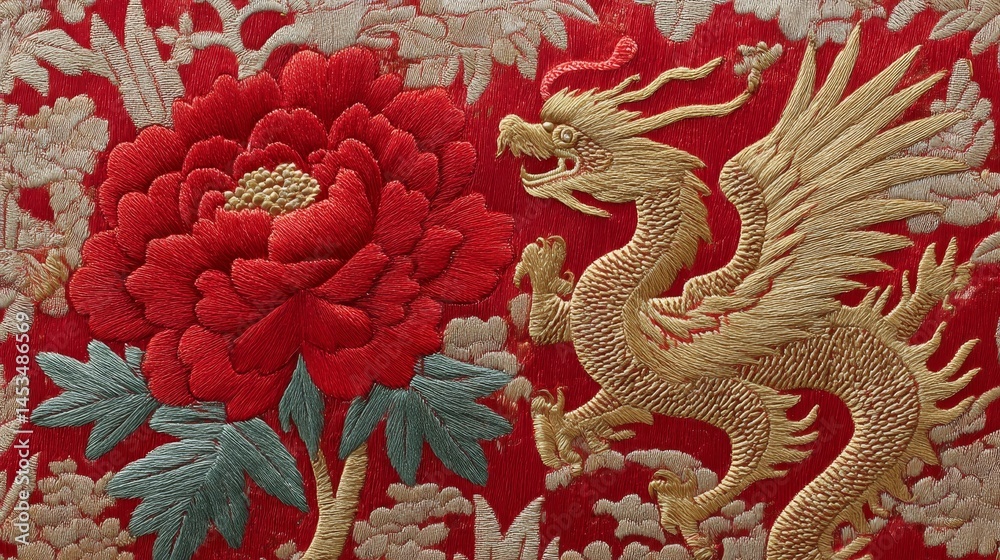 Obraz premium Intricate Embroidery of Dragon and Flower on Red Fabric Background