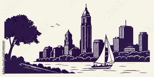 Boston vector silhouette skyline capturing the historic landmarks, waterfront views, and urban skyscrapers.