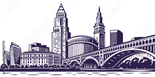 Cleveland vector silhouette skyline featuring the city’s famous waterfront, Rock & Roll Hall of Fame, and urban architecture.