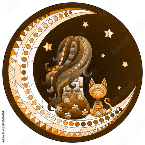 A stained glass illustration with a girl and a cat on the moon on a starry sky background, round image, tone brown