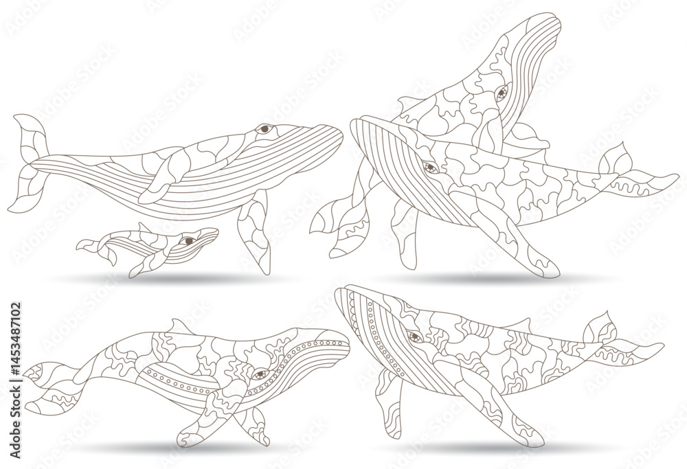 Fototapeta premium A set of contour illustrations in the style of stained glass with abstract whales, dark contours on a white background