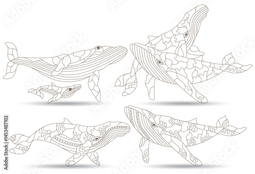 A set of contour illustrations in the style of stained glass with abstract whales, dark contours on a white background