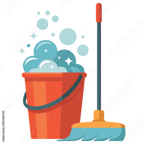 Plastic bucket with soap mop isolated vector illustration on white background