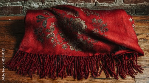Cozy Red Blanket with Floral Design on Wooden Surface Background