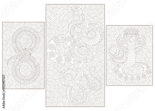 A set of contour illustrations in the style of stained glass with abstract snakes, dark contours on a white background