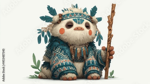 Cute mythical creature wearing tribal attire holding a wooden staff