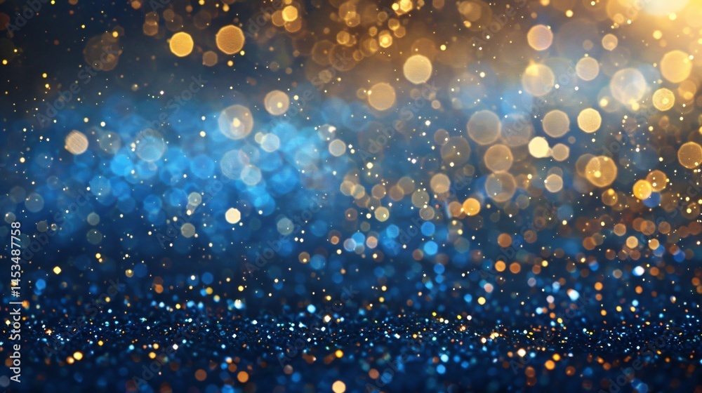 Fototapeta premium Abstract holiday background featuring shimmering blue and gold bokeh lights