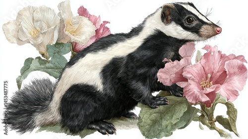 Detailed illustration of a badger among blooming flowers in nature
