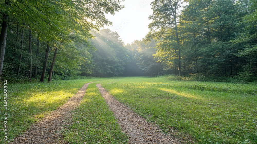 Fototapeta premium Lush forest path with sunlight filtering through trees, creating serene atmosphere