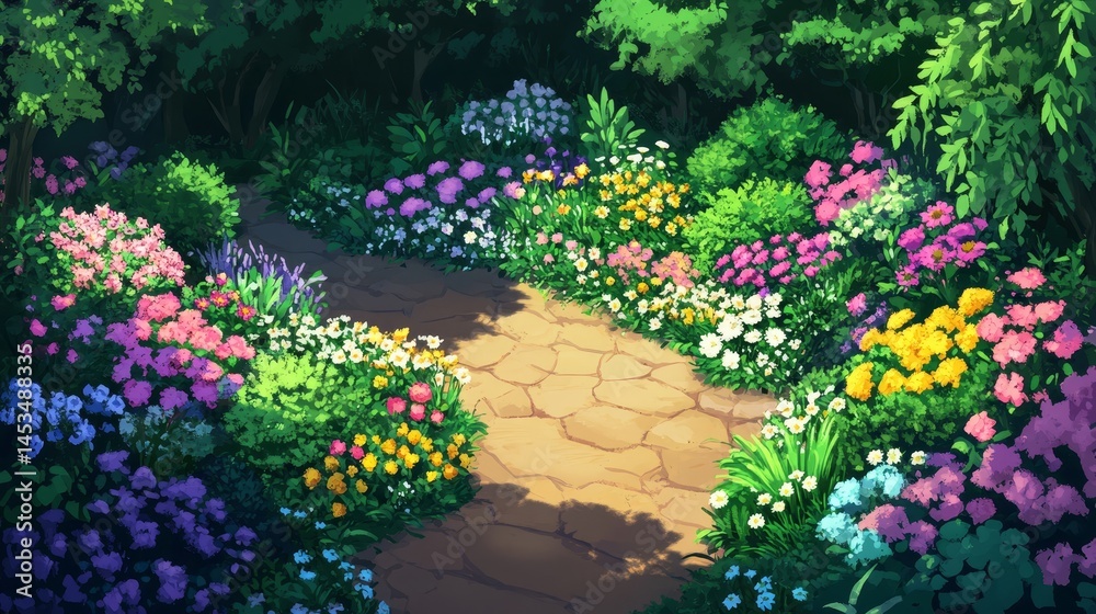 Fototapeta premium background of a well-maintained garden with colorful flower beds, pathways, and lush greenery, realistic style, soft lighting, peaceful and harmonious atmosphere
