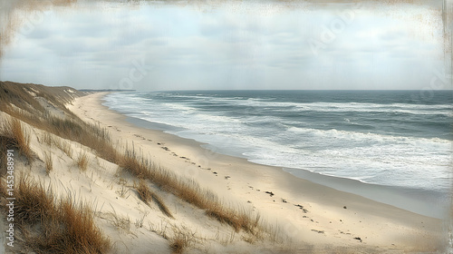 A panoramic view of a sandy beach with dunes and crashing waves under a cloudy sky