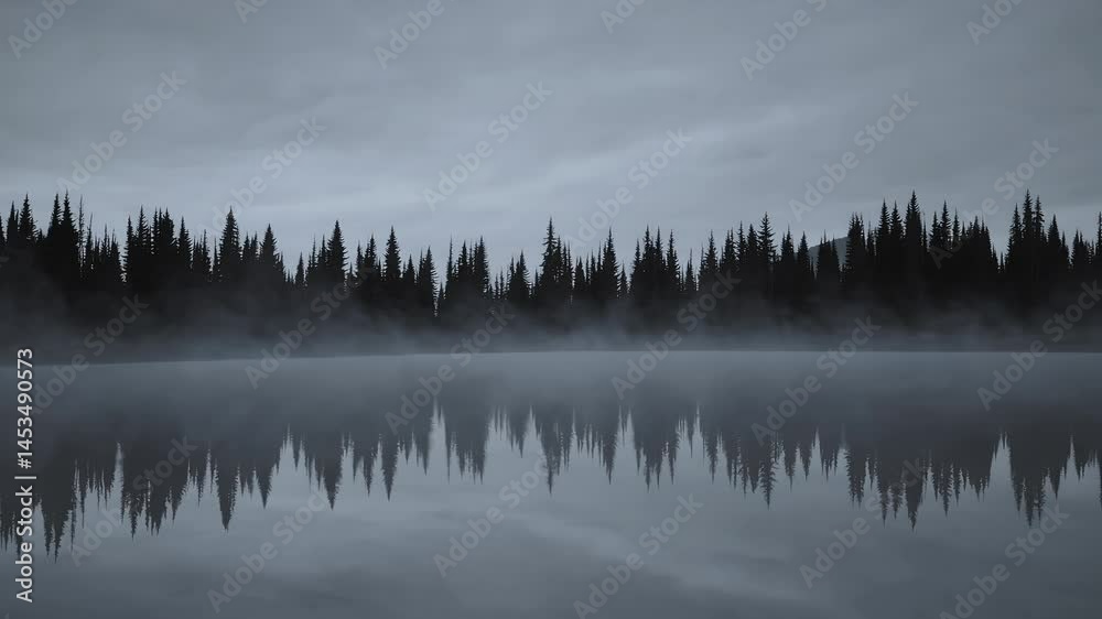 Meditate peaceful mountain lake view where mist tree silhouettes reflect water set monochrome nature themed animation loop