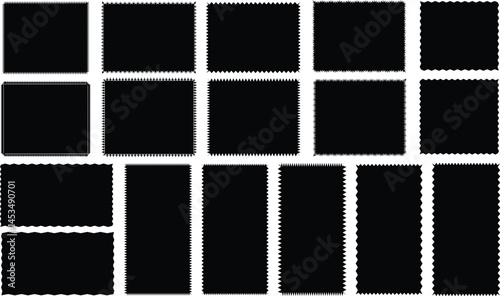 black and white background Zigzag line art, silhouette scalloped frames.Silhouette stickers circle, square, oval and rectangle labels,  chevron,  background. wavy edge rectangle 