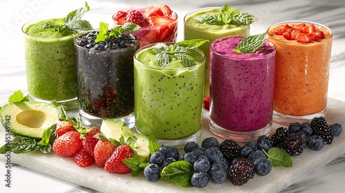 Healthy smoothies in a variety of colors and flavors