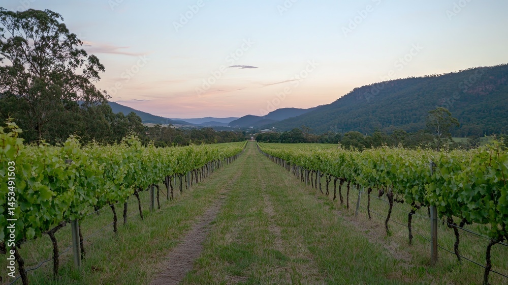 Naklejka premium Serene Vineyard Rows at Sunset: A Pastoral Landscape Painting