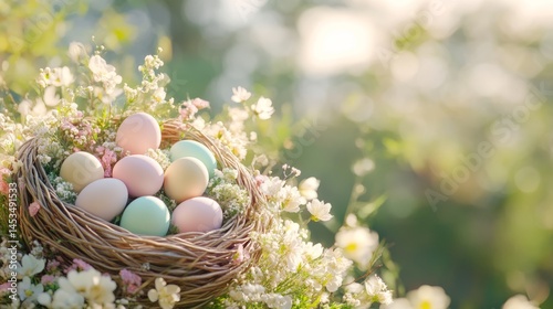 Easter: A close-up of a vibrant Easter egg basket filled with pastel-colored eggs, nestled in fresh spring flowers, soft sunlight illuminating the scene, blurred green meadow background,