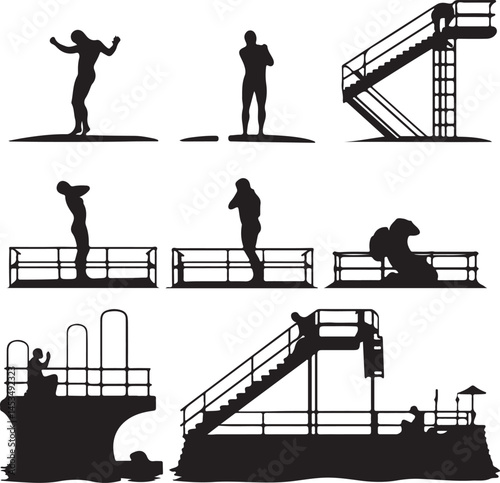Silhouette Vector Art: Gangway, Ship, Dock, and People Illustration - Stock Image for Graphic Design, Maritime Themes, and Nautical Projects