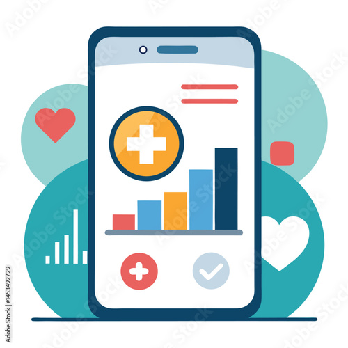 Smartphone displays a chart with plus symbols and hearts with teal background shapes behind it