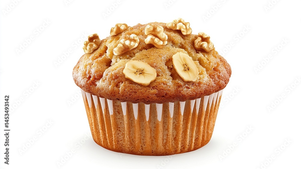 Delicious banana muffin topped with walnuts Delicious banana muffin topped with walnuts