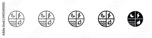 Set of 5 pixel perfect Natural resources icon with 1 unexpanded, 1 silhouette, An icon of leaves, water droplet, and minerals to signify natural resources.