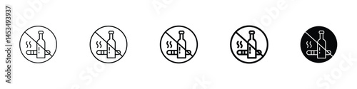 Set of 5 pixel perfect No alcohol and cigarettes icon with 1 unexpanded, 1 silhouette, A crossed-out bottle and cigarette icon indicating prohibition.