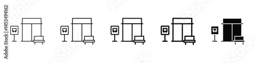 Set of 5 pixel perfect Bus stop stand icon with 1 unexpanded, 1 silhouette, A standing sign icon with a bus symbol indicating a bus stop.