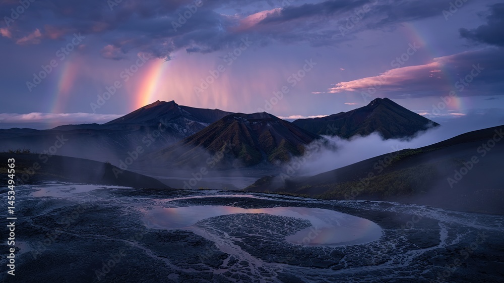 Naklejka premium Majestic Rainbow Arcs Over Volcanic Mountains and Textured Water