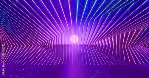 Fototapeta Naklejka Na Ścianę i Meble -  Futuristic glowing neon twisted gate background. Abstract shining retro digital gates in perspective. Purple starry sunset sky. 3D rendering.
